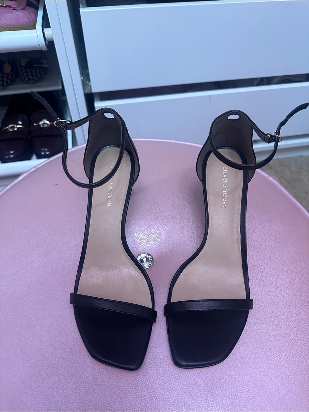 NWOB Stuart Weitzman Black Leather Ankle-Strap Heel Sandals, Sz 8